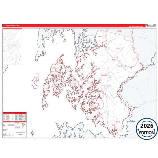 Talbot County, MD Red Line 5 Digit ZIP Code Wall Map