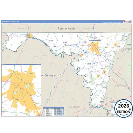 Washington County, MD Business Reference 5 Digit ZIP Code Wall Map