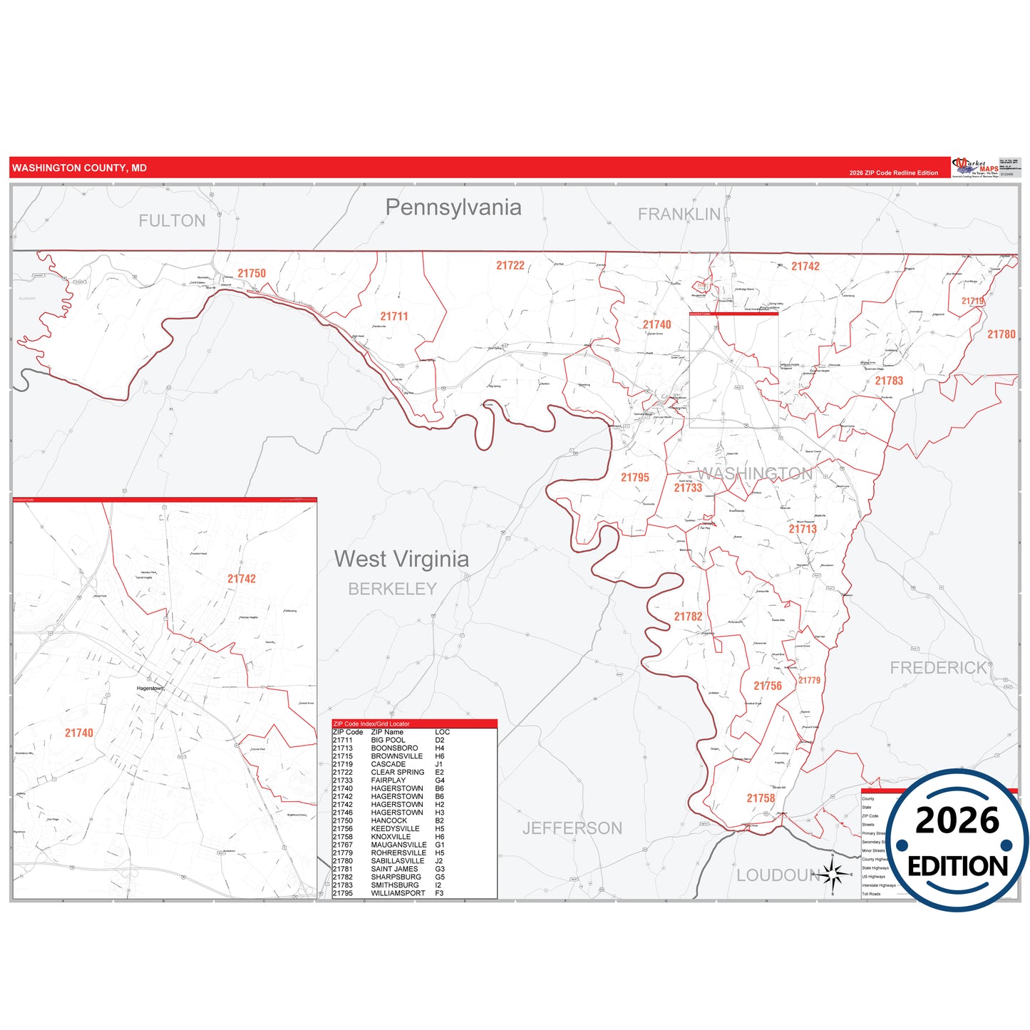 Washington County, MD Red Line 5 Digit ZIP Code Wall Map