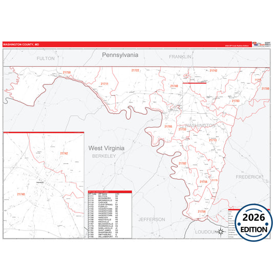 Washington County, MD Red Line 5 Digit ZIP Code Wall Map