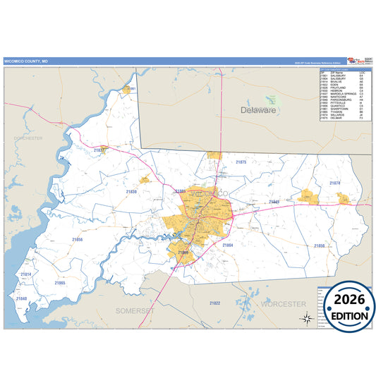 Wicomico County, MD Business Reference 5 Digit ZIP Code Wall Map