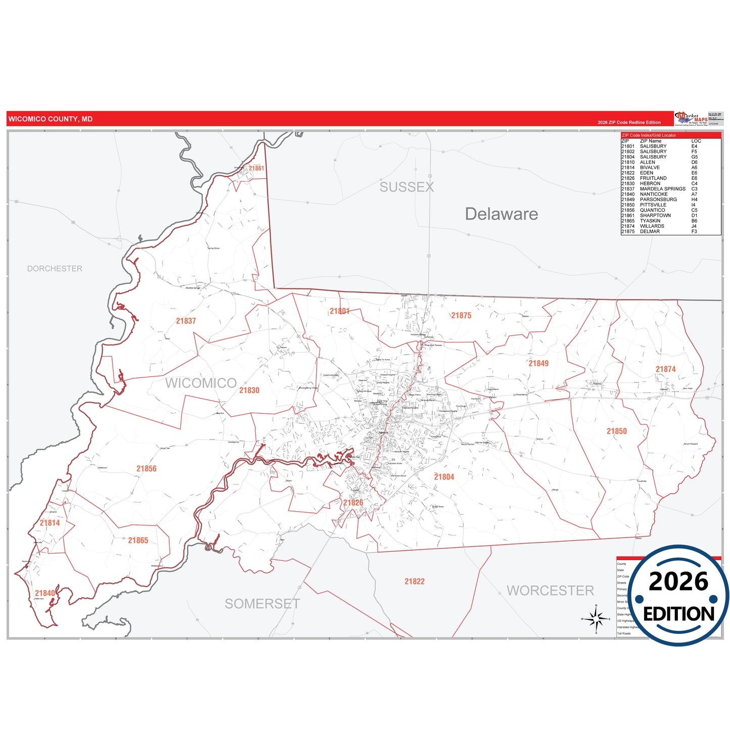 Wicomico County, MD Red Line 5 Digit ZIP Code Wall Map