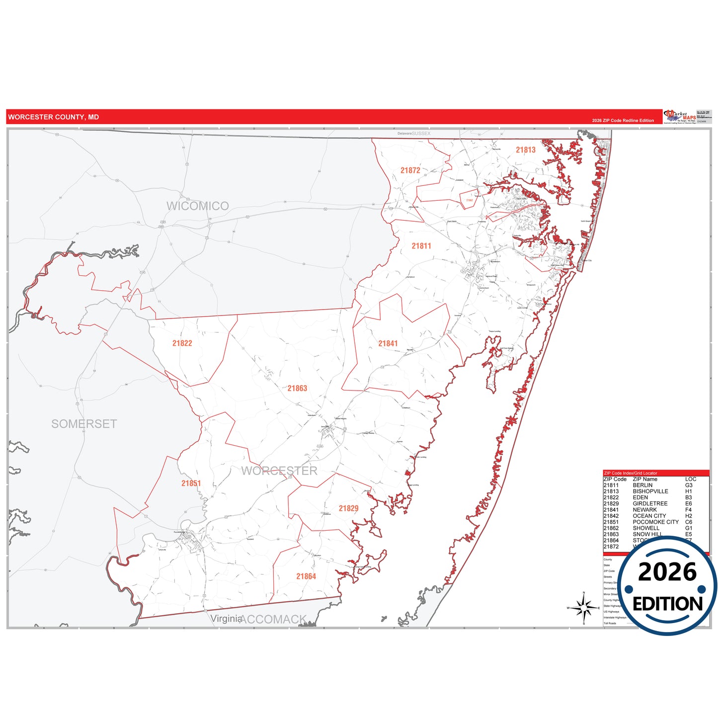 Worcester County, MD Red Line 5 Digit ZIP Code Wall Map