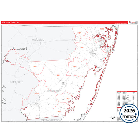 Worcester County, MD Red Line 5 Digit ZIP Code Wall Map