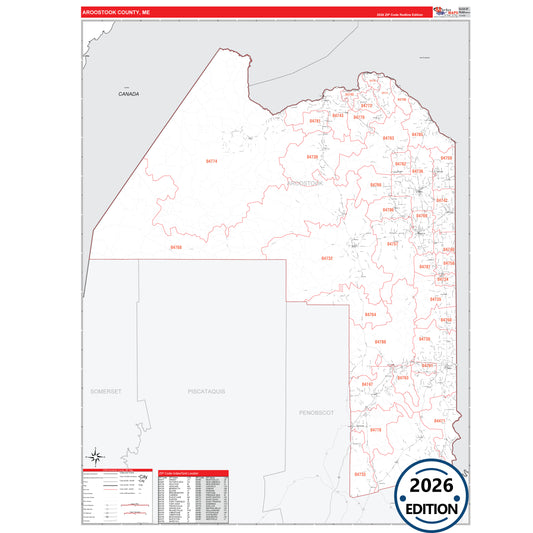 Aroostook County, ME Red Line 5 Digit ZIP Code Wall Map