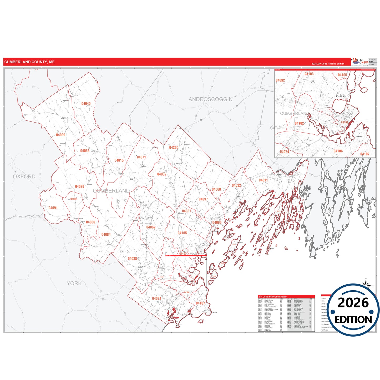 Cumberland County, ME Red Line map with detailed roads, cities, and ZIP code boundaries.