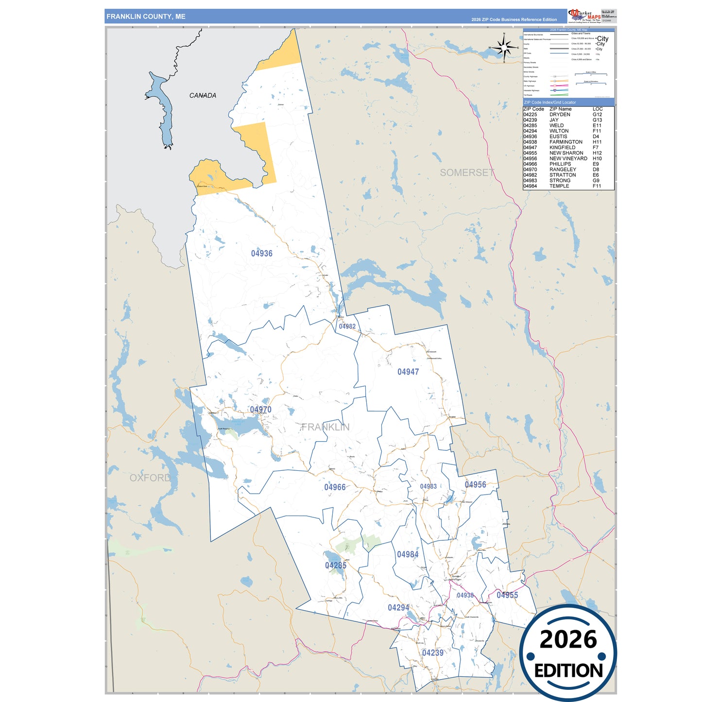 Franklin County, ME Business Reference 5 Digit ZIP Code Wall Map