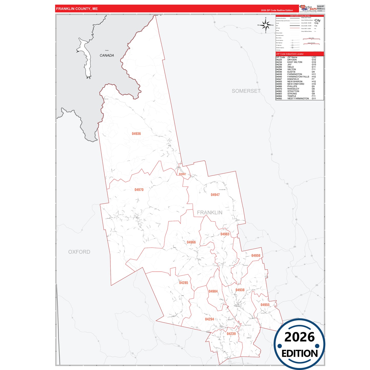 Franklin County, ME Red Line 5 Digit ZIP Code Wall Map