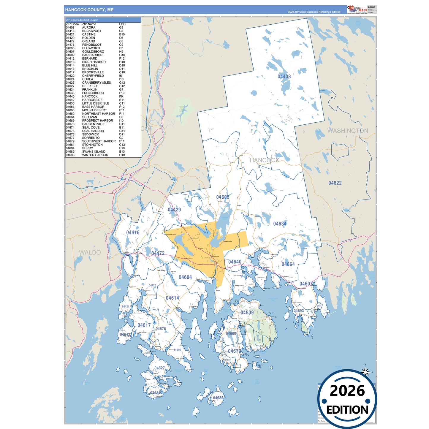 Hancock County, ME Business Reference 5 Digit ZIP Code Wall Map
