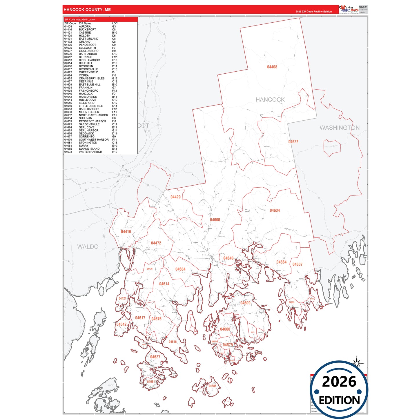 Hancock County, ME Red Line 5 Digit ZIP Code Wall Map