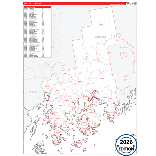 Hancock County, ME Red Line 5 Digit ZIP Code Wall Map