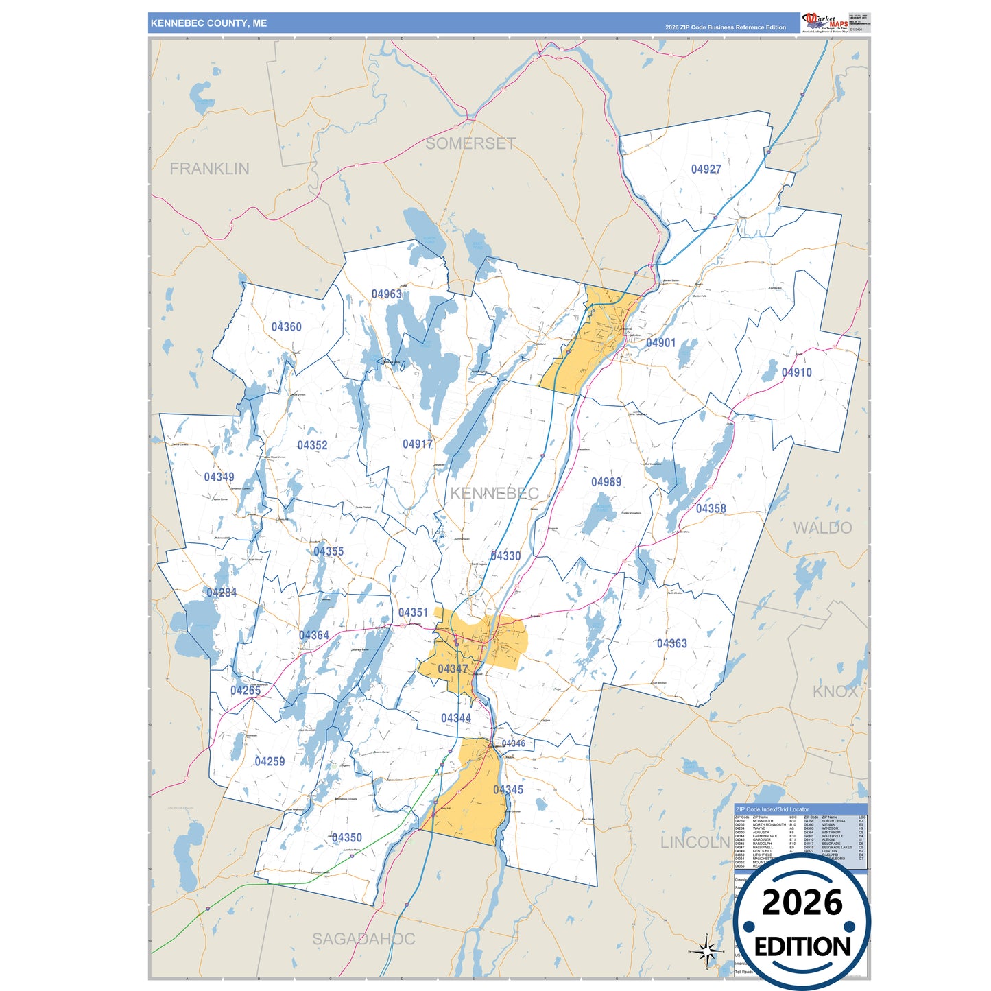 Kennebec County, ME Business Reference 5 Digit ZIP Code Wall Map