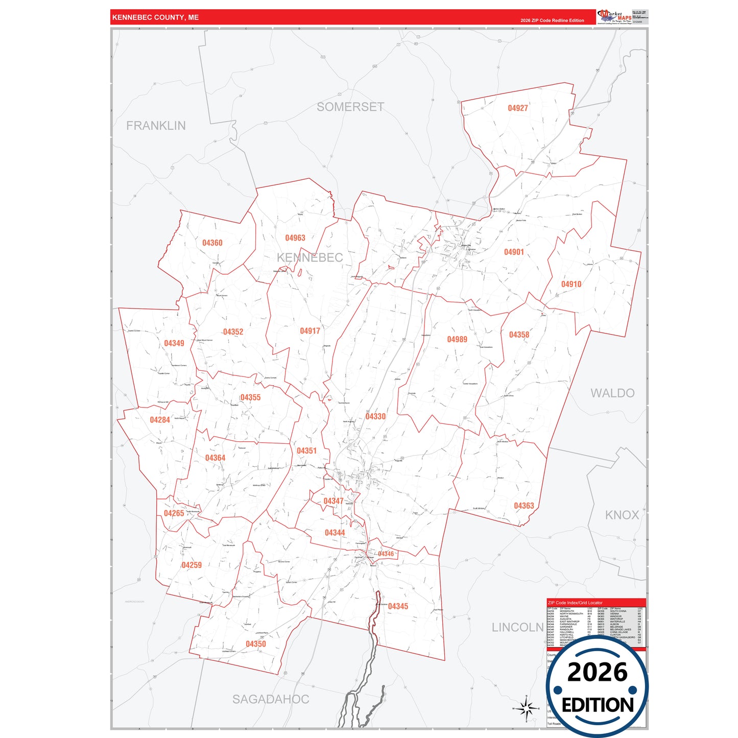 Kennebec County, ME Red Line 5 Digit ZIP Code Wall Map