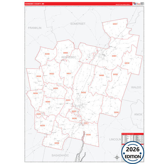 Kennebec County, ME Red Line 5 Digit ZIP Code Wall Map