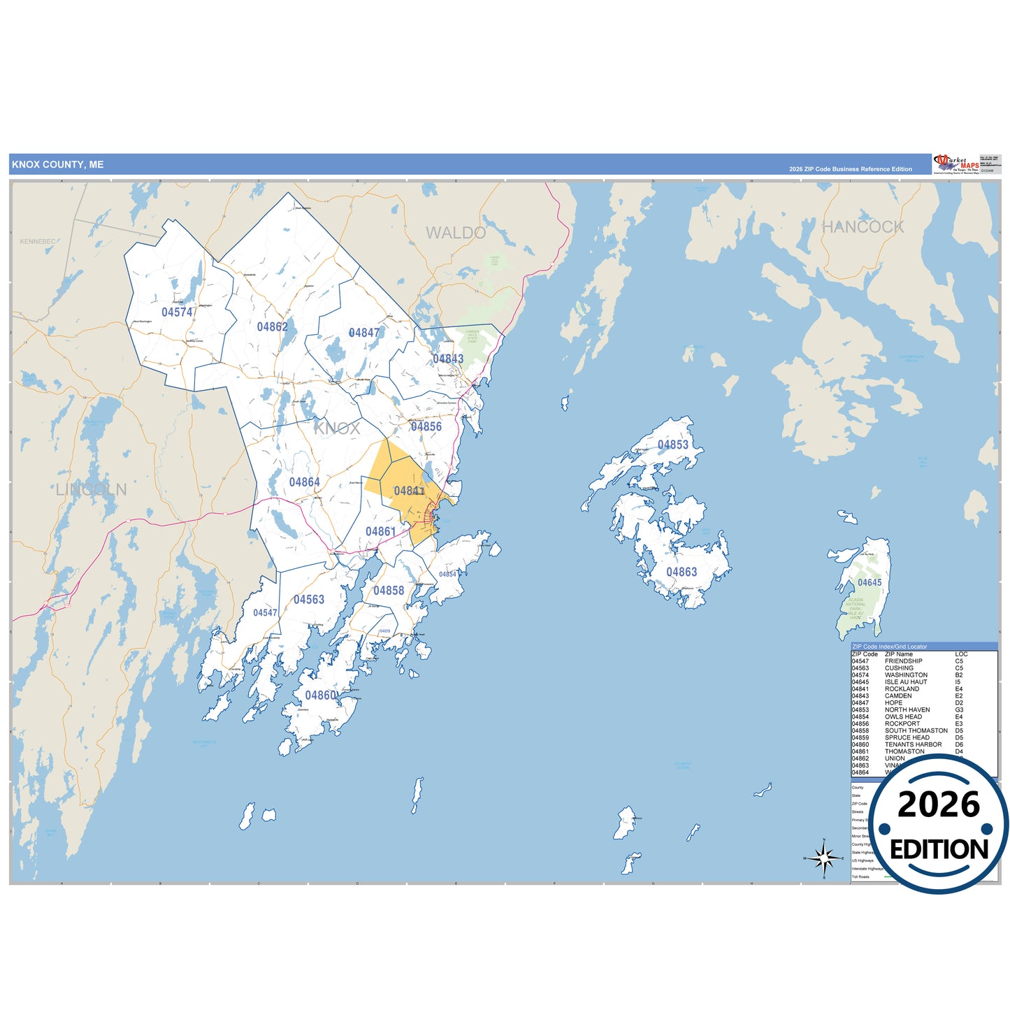 Knox County, ME Business Reference 5 Digit ZIP Code Wall Map