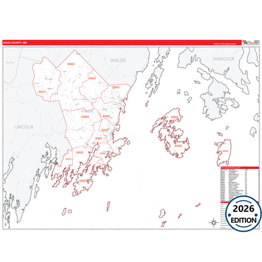 Knox County, ME Red Line 5 Digit ZIP Code Wall Map