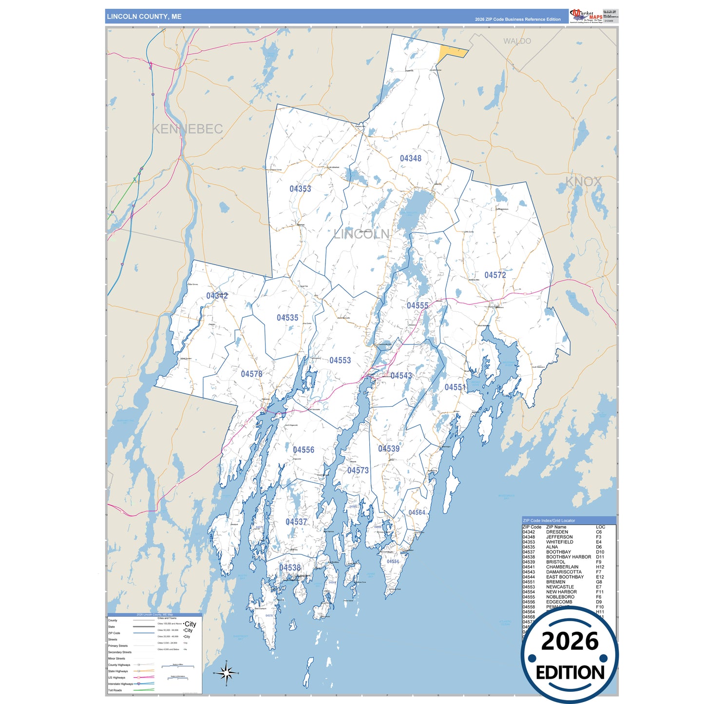 Lincoln County, ME Business Reference 5 Digit ZIP Code Wall Map