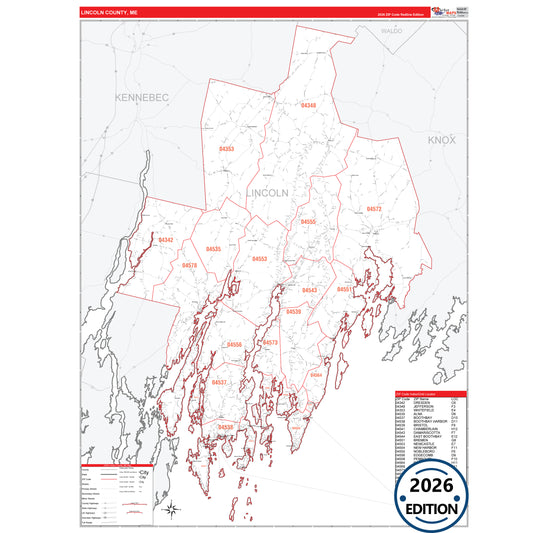 Lincoln County, ME Red Line 5 Digit ZIP Code Wall Map