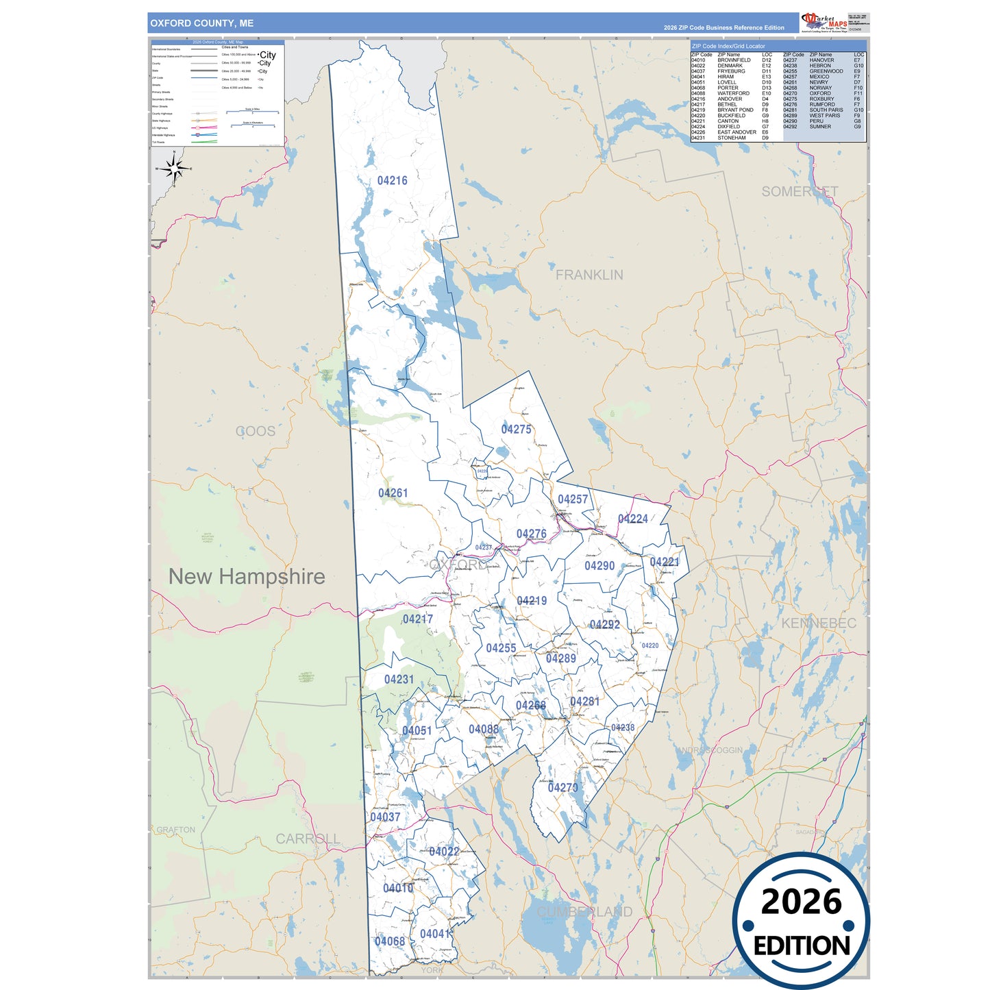 Oxford County, ME Business Reference 5 Digit ZIP Code Wall Map