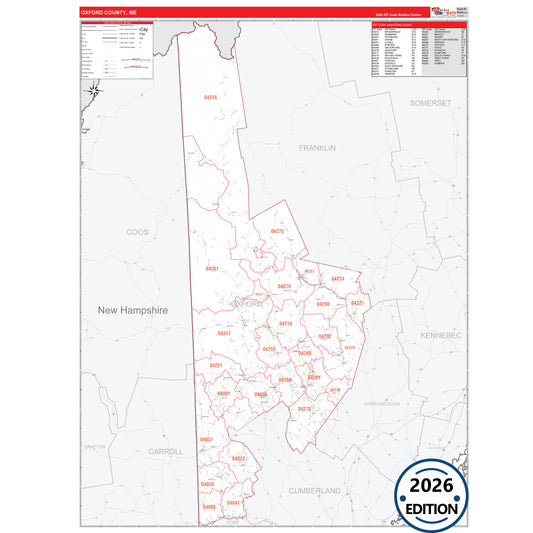 Oxford County, ME Red Line 5 Digit ZIP Code Wall Map