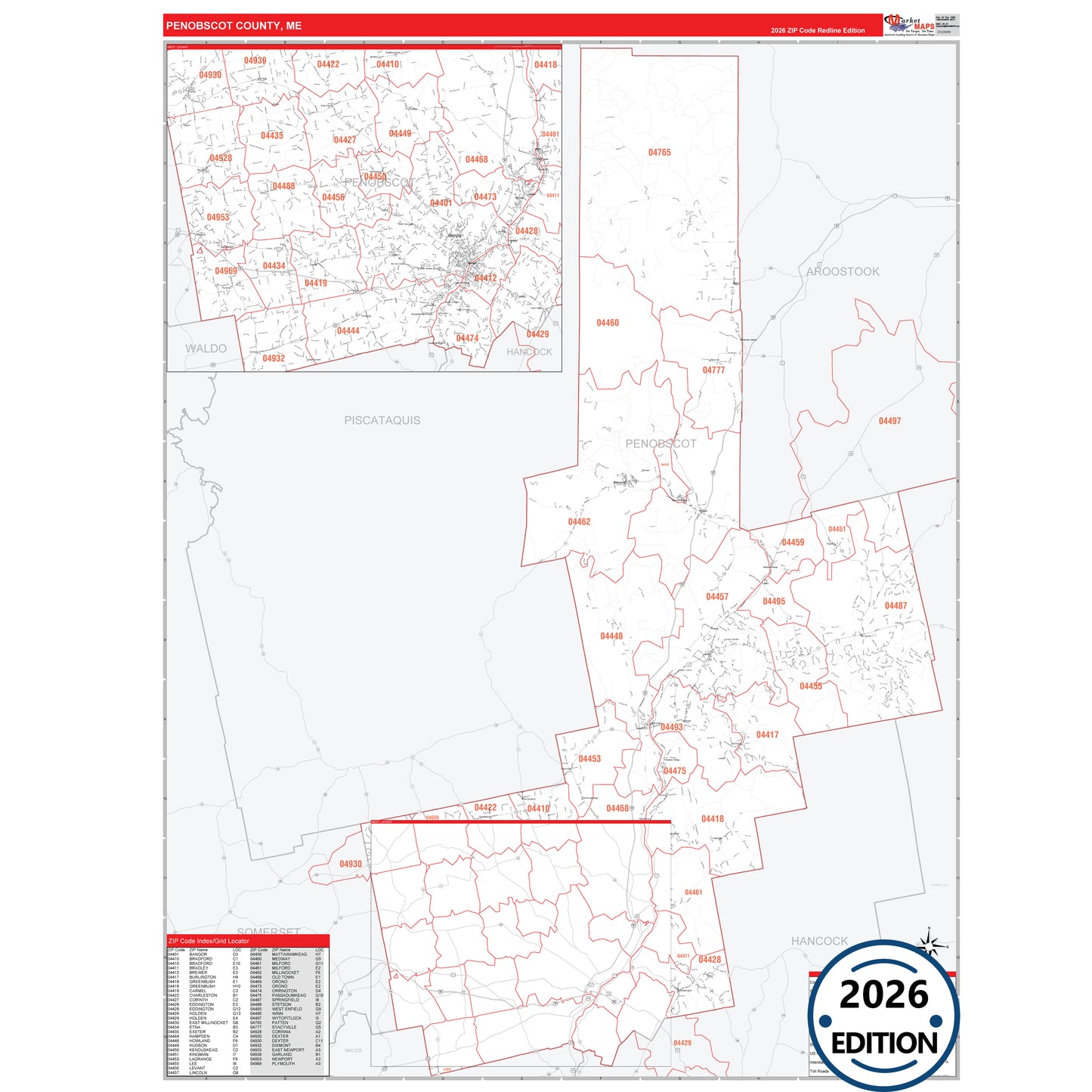 Penobscot County, ME Red Line 5 Digit ZIP Code Wall Map