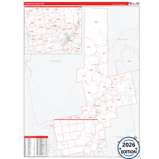 Penobscot County, ME Red Line 5 Digit ZIP Code Wall Map
