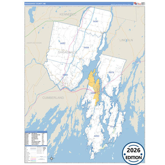 Sagadahoc County, ME Business Reference 5 Digit ZIP Code Wall Map