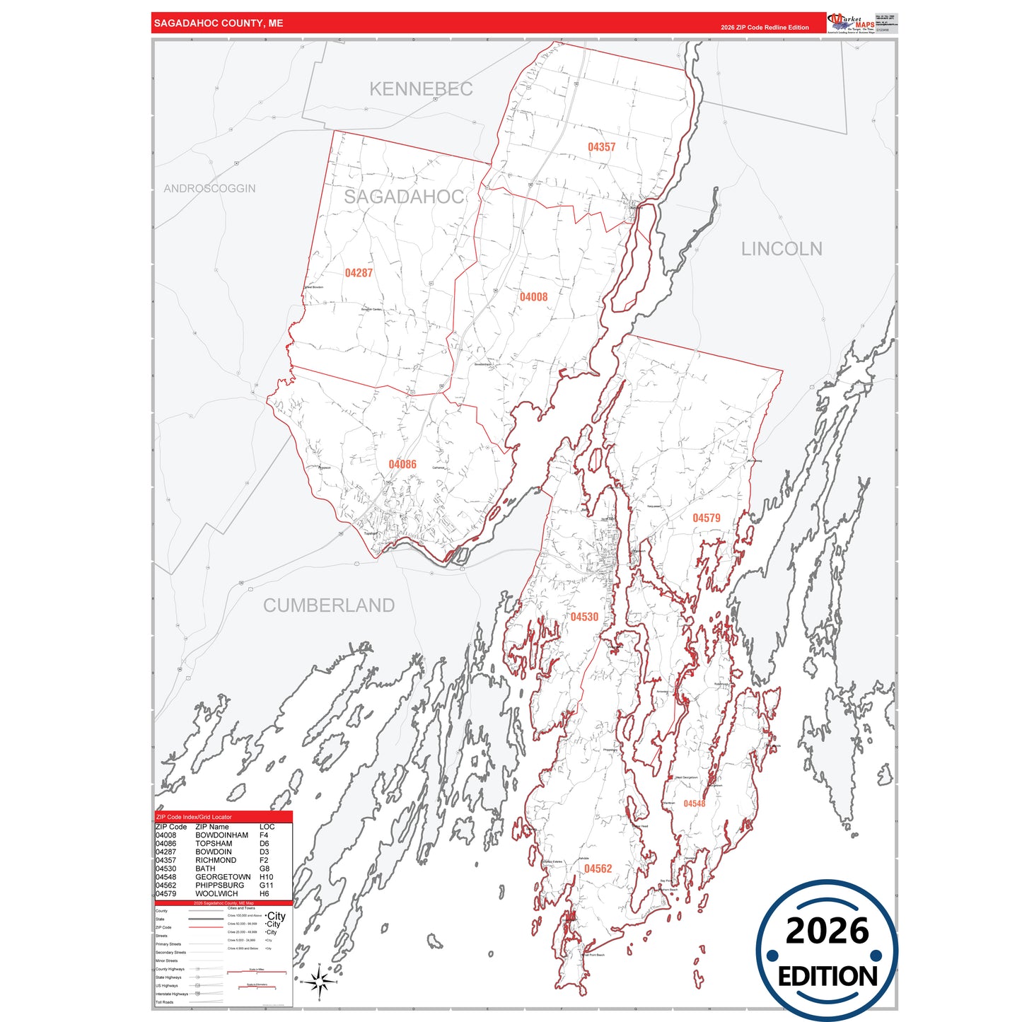 Sagadahoc County, ME Red Line 5 Digit ZIP Code Wall Map