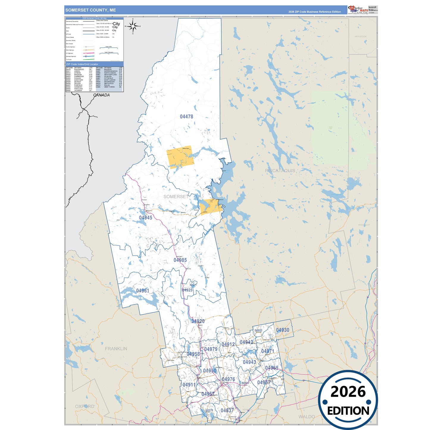 Somerset County, ME Business Reference 5 Digit ZIP Code Wall Map