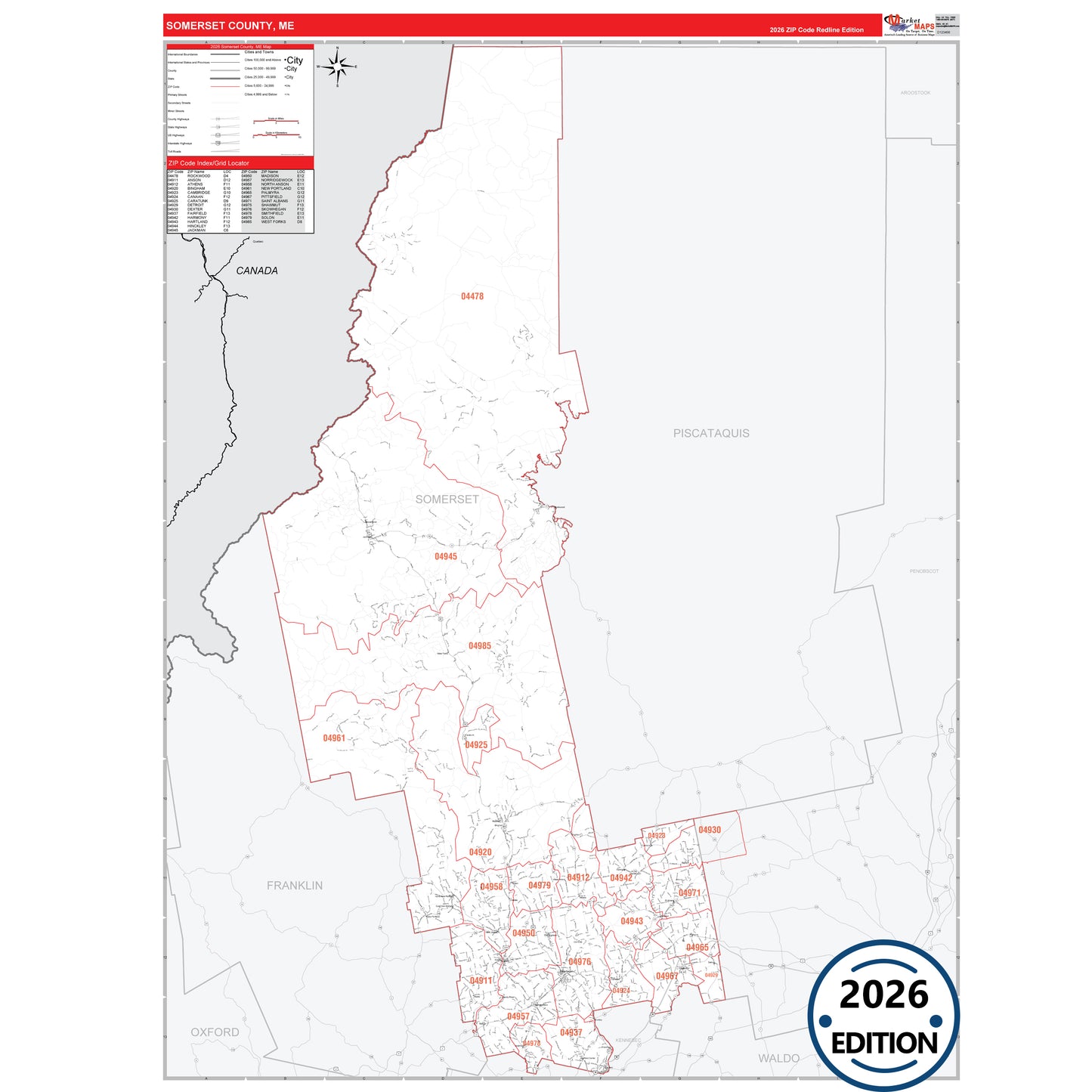 Somerset County, ME Red Line 5 Digit ZIP Code Wall Map