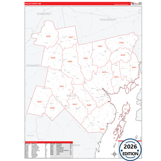 Waldo County, ME Red Line 5 Digit ZIP Code Wall Map