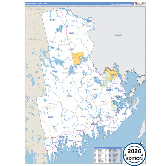 Washington County, ME Business Reference 5 Digit ZIP Code Wall Map