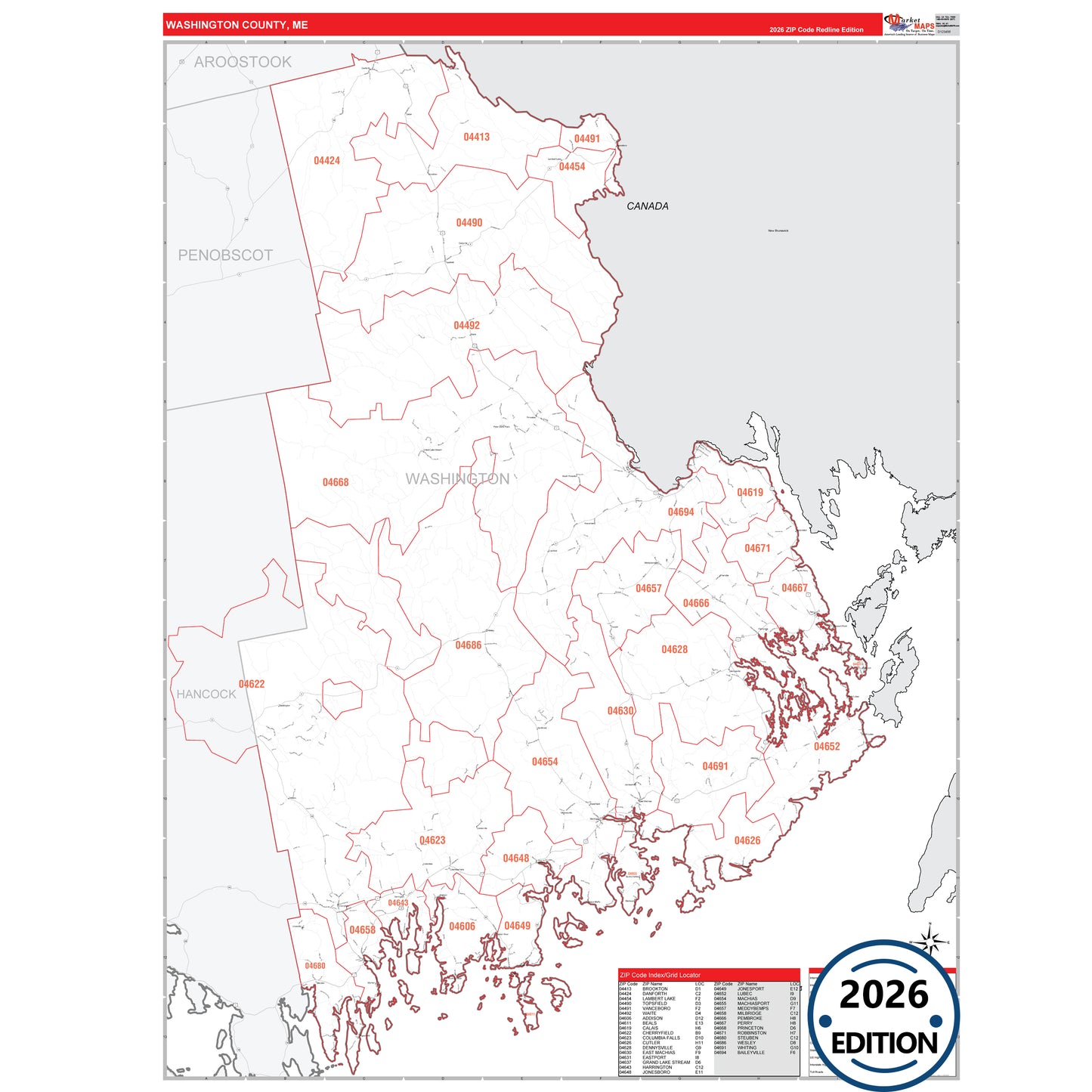 Washington County, ME Red Line 5 Digit ZIP Code Wall Map