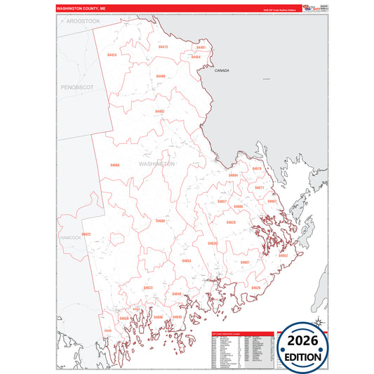 Washington County, ME Red Line 5 Digit ZIP Code Wall Map