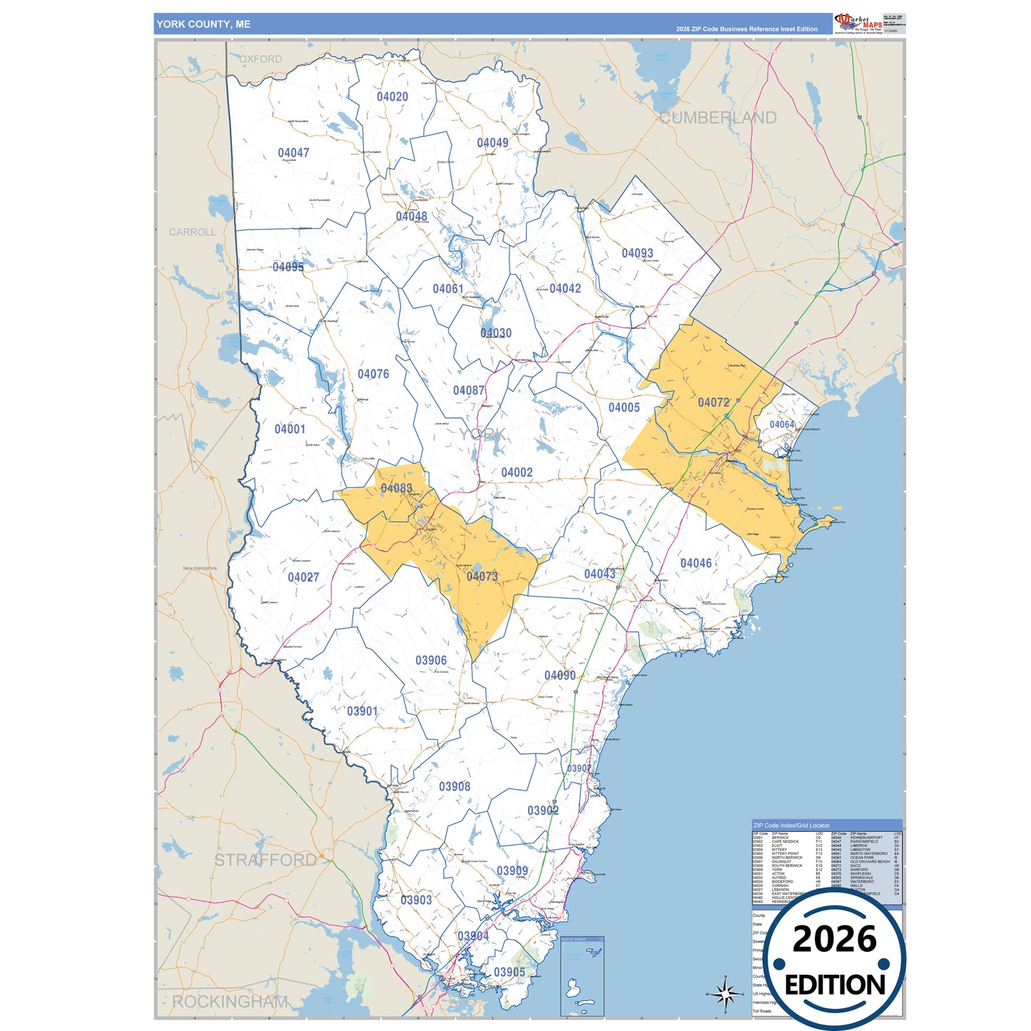 York County, ME Business Reference 5 Digit ZIP Code Wall Map