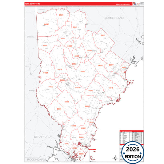 York County, ME Red Line 5 Digit ZIP Code Wall Map