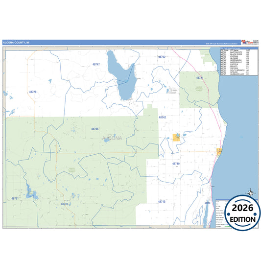Alcona County, MI Business Reference 5 Digit ZIP Code Wall Map