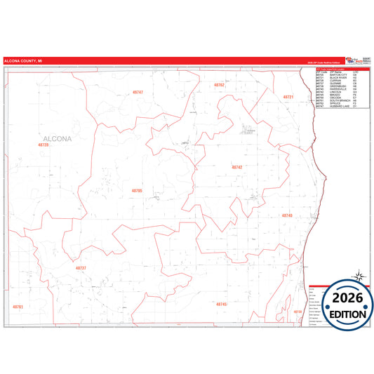 Alcona County, MI Red Line 5 Digit ZIP Code Wall Map