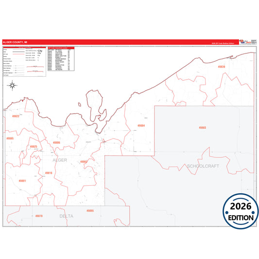 Alger County, MI Red Line 5 Digit ZIP Code Wall Map