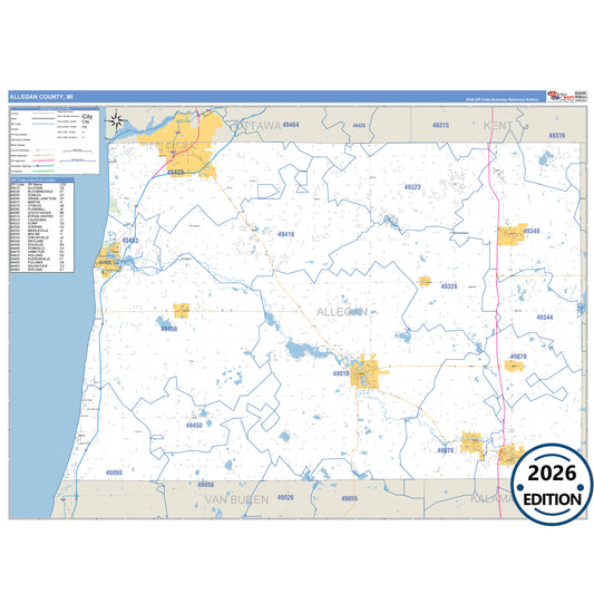 Allegan County, MI Business Reference 5 Digit ZIP Code Wall Map