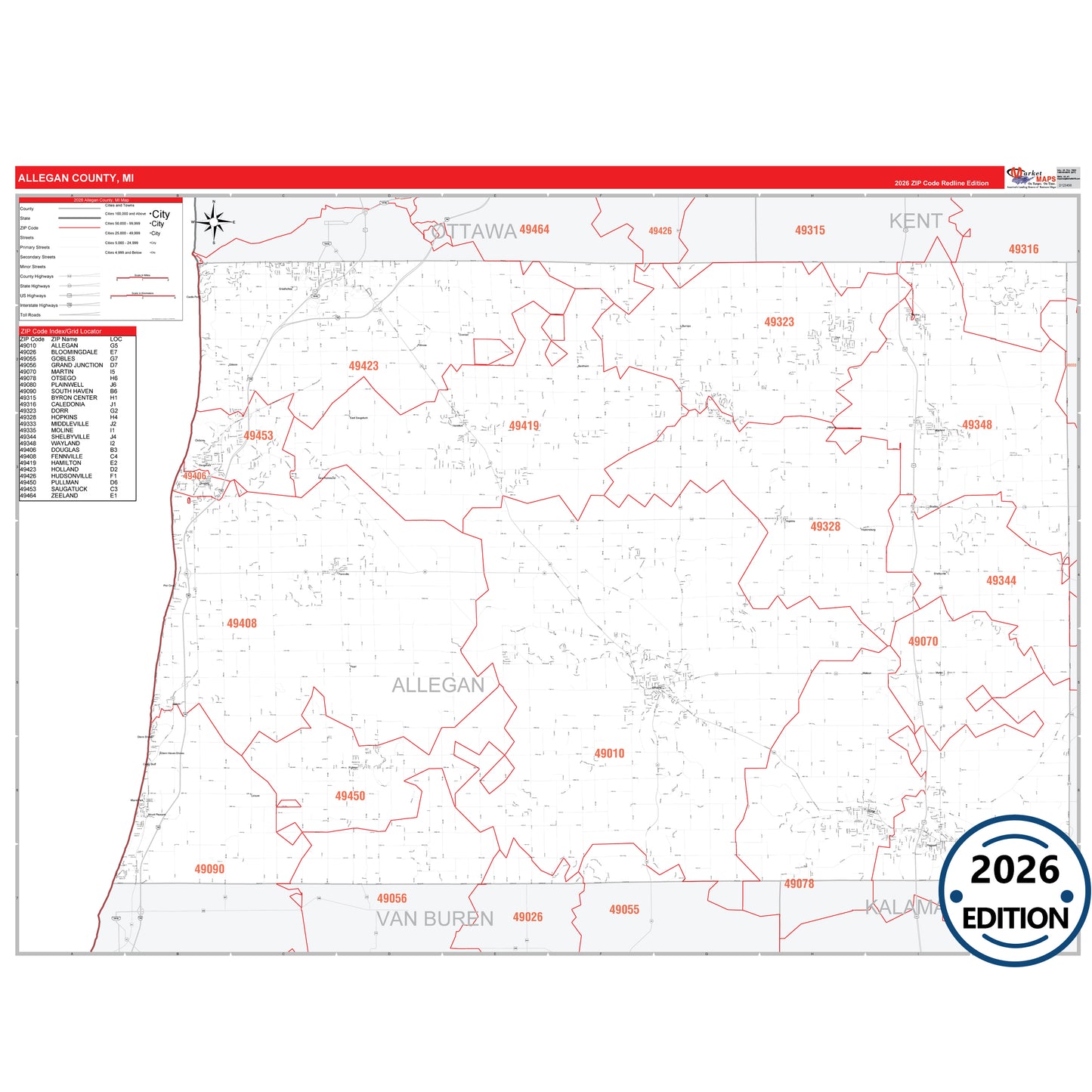Allegan County, MI Red Line 5 Digit ZIP Code Wall Map