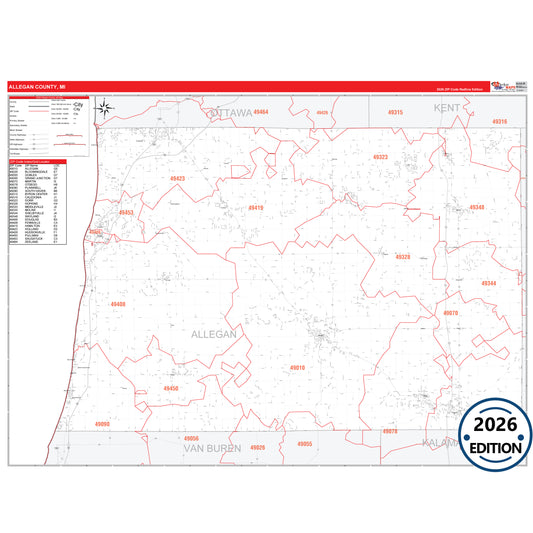 Allegan County, MI Red Line 5 Digit ZIP Code Wall Map