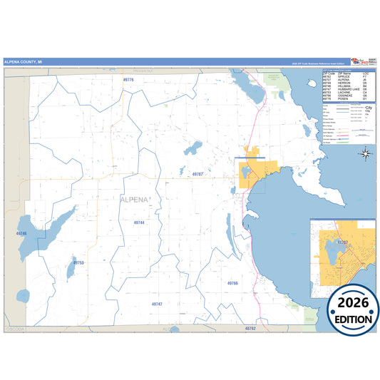 Alpena County, MI Business Reference 5 Digit ZIP Code Wall Map