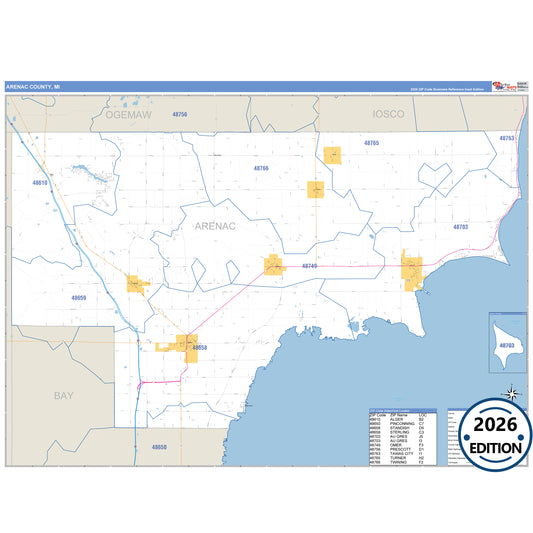Arenac County, MI Business Reference 5 Digit ZIP Code Wall Map