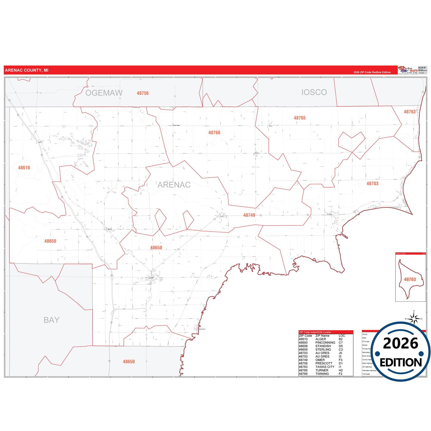 Arenac County, MI Red Line 5 Digit ZIP Code Wall Map