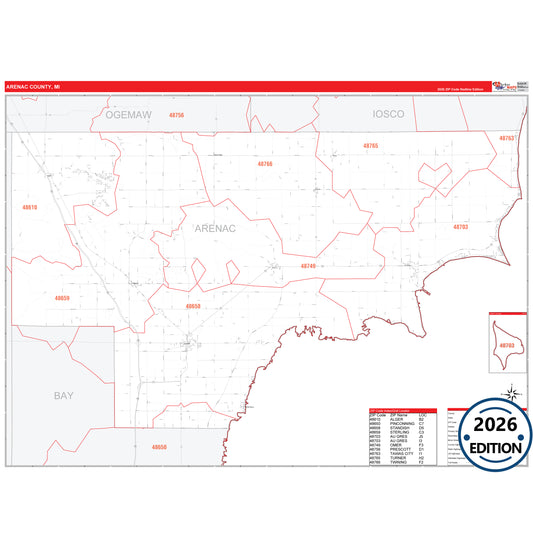 Arenac County, MI Red Line 5 Digit ZIP Code Wall Map