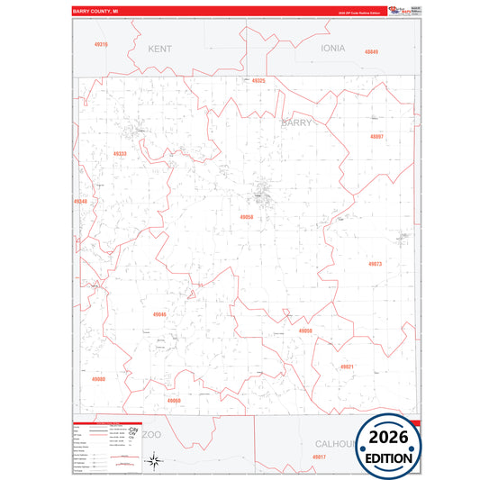 Barry County, MI Red Line 5 Digit ZIP Code Wall Map