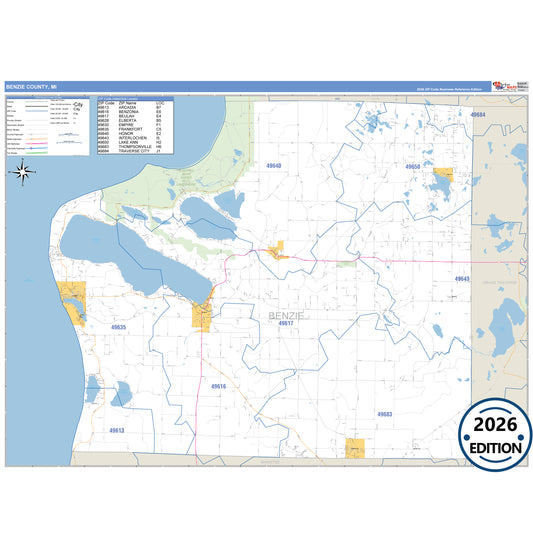Benzie County, MI Business Reference 5 Digit ZIP Code Wall Map