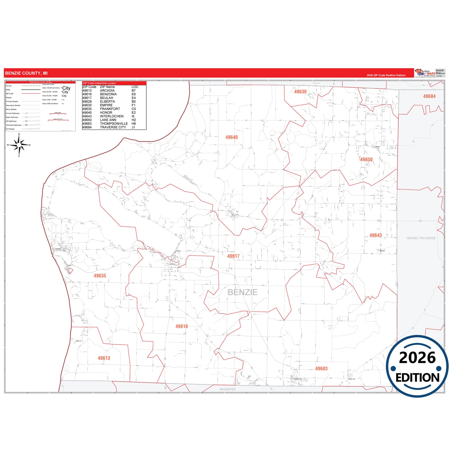 Benzie County, MI Red Line 5 Digit ZIP Code Wall Map