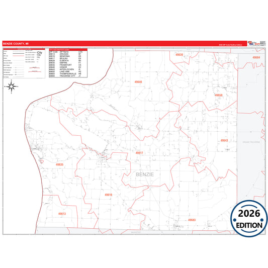 Benzie County, MI Red Line 5 Digit ZIP Code Wall Map